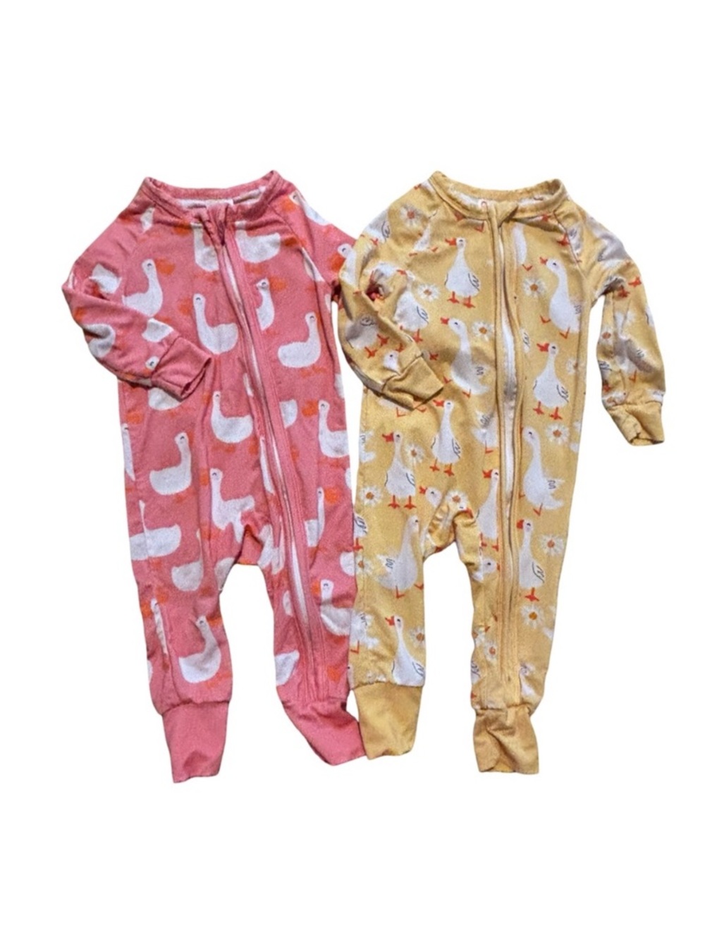 PatPat Pink & Yellow Duck Goose Print Baby Bamboo Footies Buttery Soft 6 Months